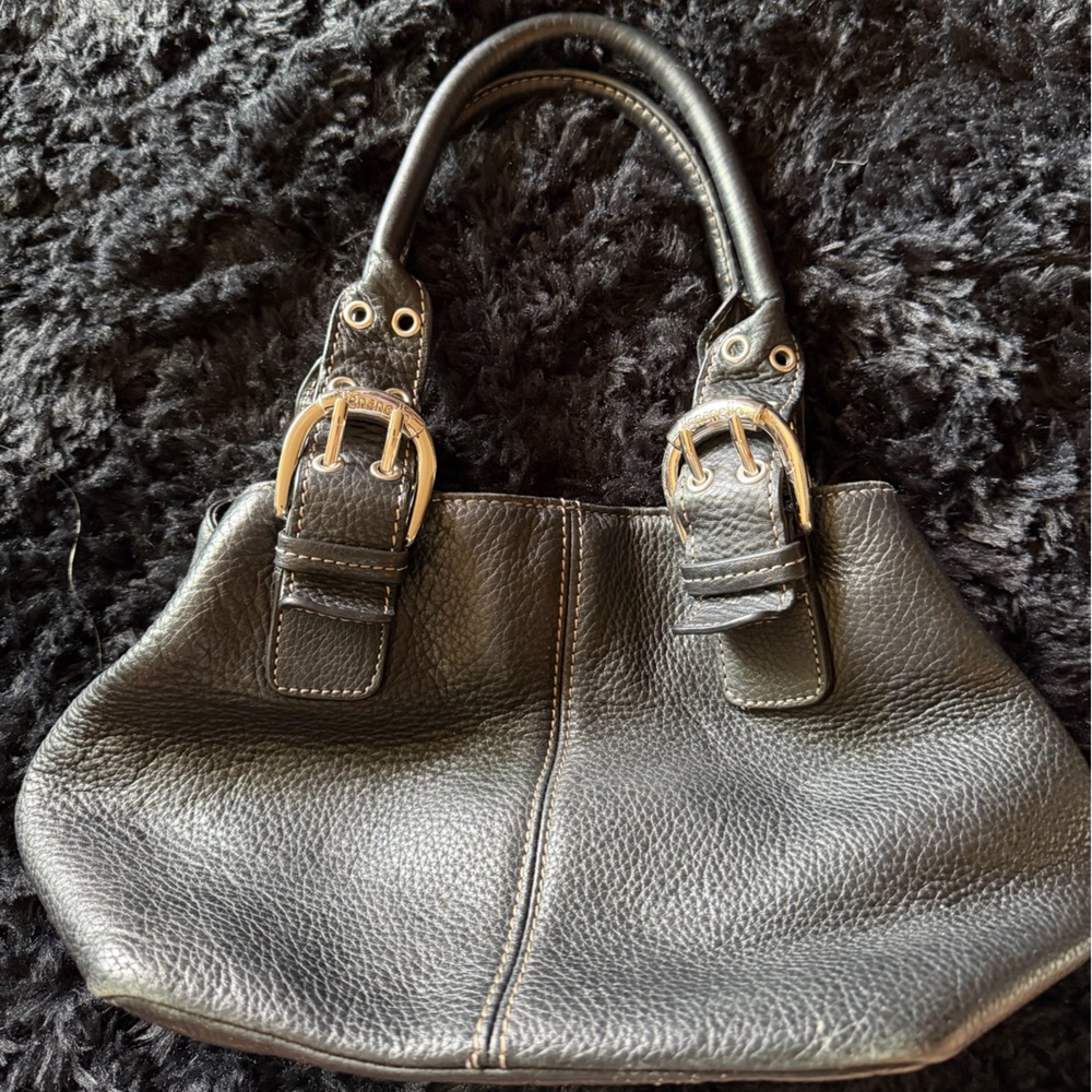 Tignanello Black Leather Shoulder Bag with Buckle Accents